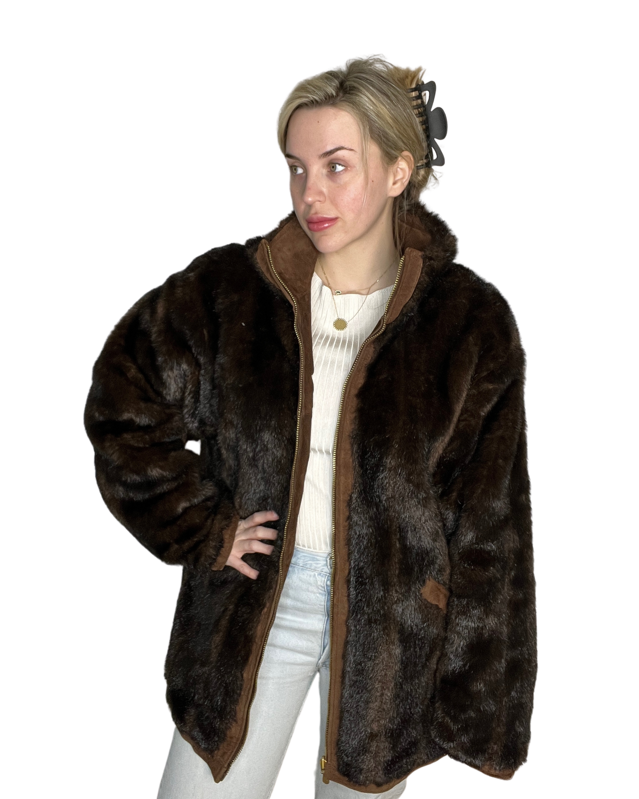 Vintage Oversized Leather Suede & Cheetah Print Fur
